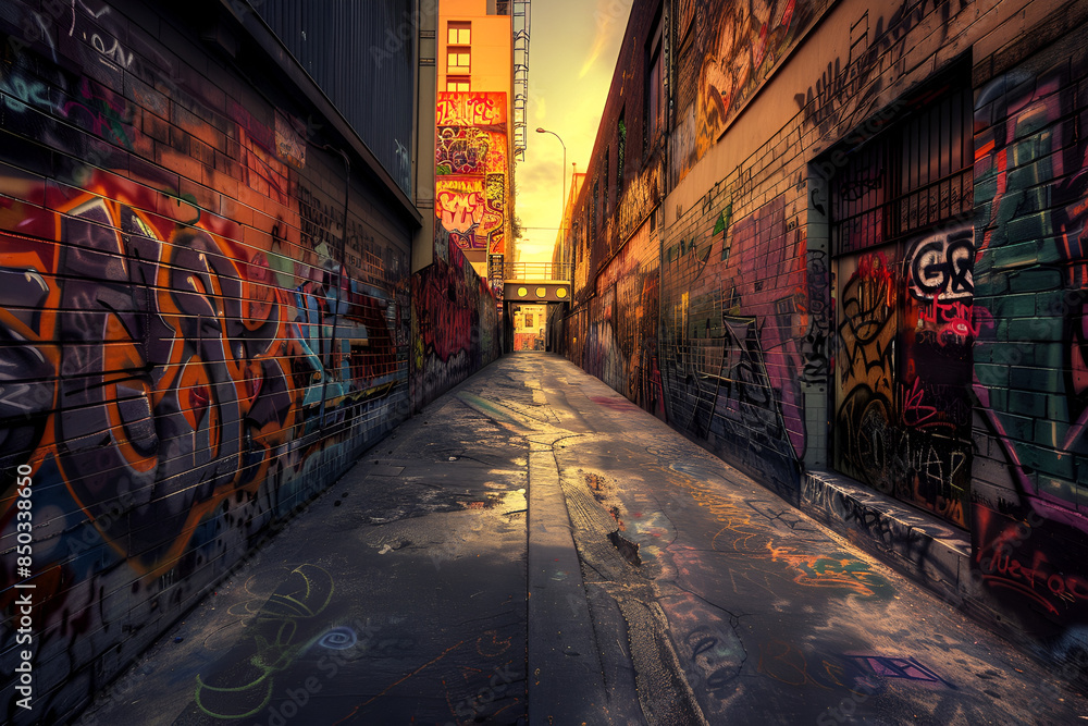 Fototapeta premium Vibrant street art in urban alleys, A street after rainy 