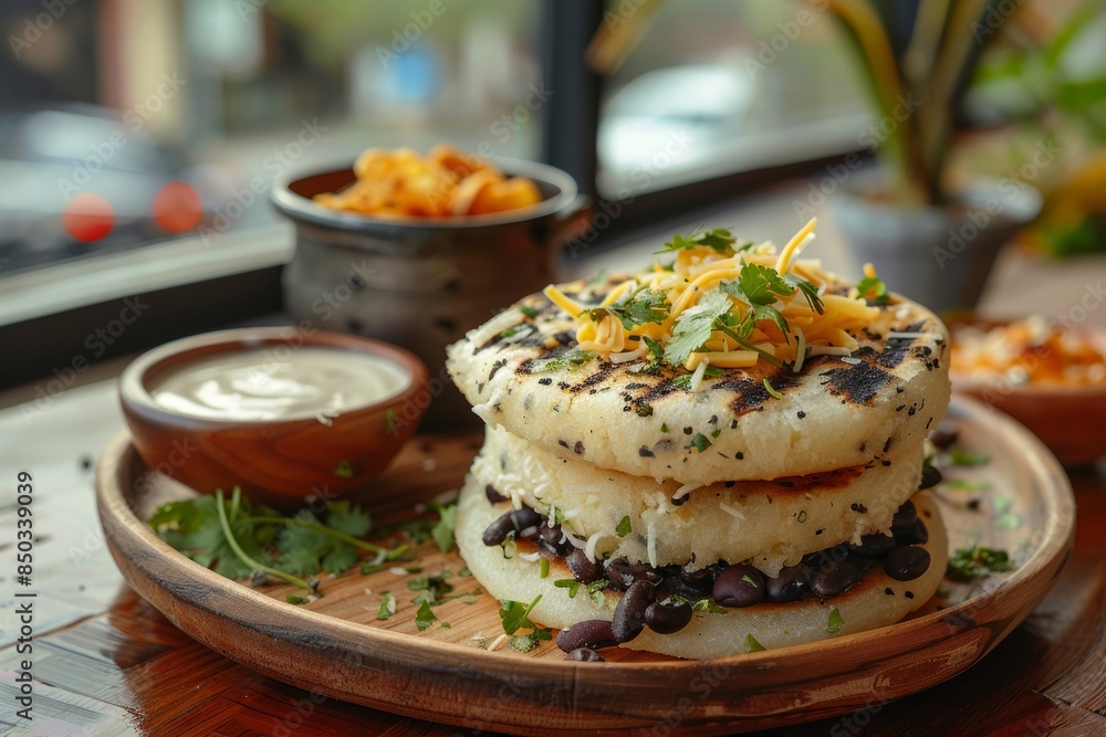 Traditional Venezuelan Colombian Arepa with black beans, grated cheese and cilantro on a table in a cafe. Concept: street food, organic food, gluten free. Traditional Venezuelan Colombian Arepa with black beans, grated cheese and cilantro on a table in a cafe. Concept: street food, organic food, gluten free.