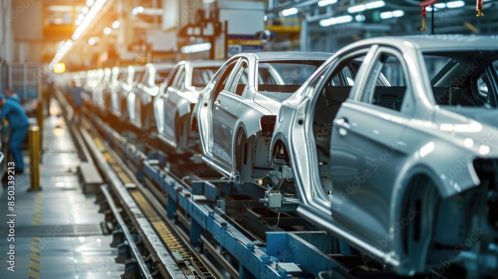 Photo of automobile production line. Welding car body. Modern car assembly plant. Auto industry. High-tech factory Photo of automobile production line. Welding car body. Modern car assembly plant. Auto industry. High-tech factory