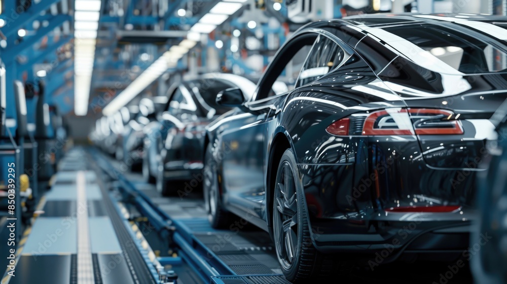 Photo of automobile production line. Welding car body. Modern car assembly plant. Auto industry. High-tech factory Photo of automobile production line. Welding car body. Modern car assembly plant. Auto industry. High-tech factory