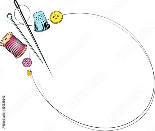 Sign frame sewing and cutting, scissors needle buttons spool of thread