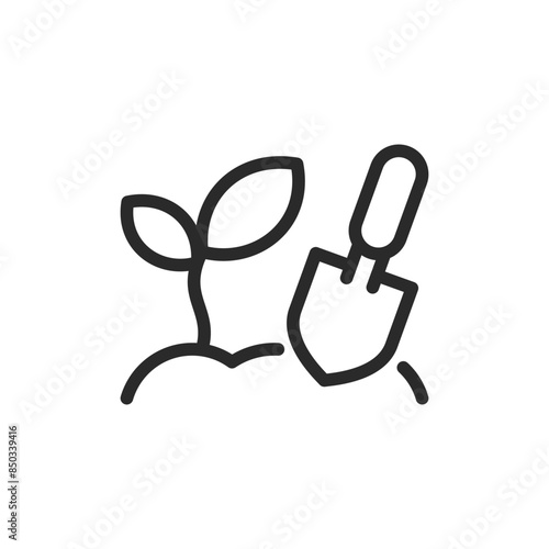 Plant with gardening trowel, linear style icon. gardening, plant care, or horticulture. Editable stroke width.