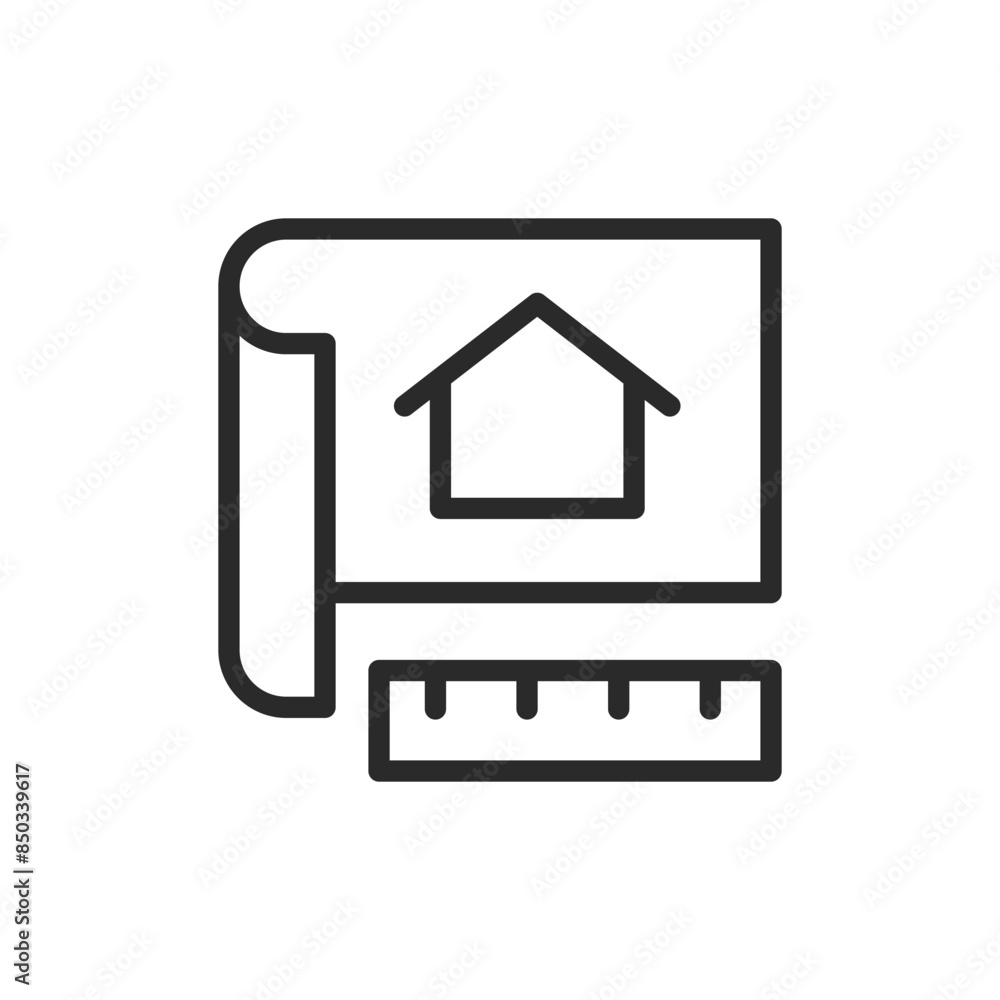 Blueprint, linear style icon. House blueprint with a ruler, indicating architectural plans or construction. Editable stroke width. Blueprint, linear style icon. House blueprint with a ruler, indicating architectural plans or construction. Editable stroke width.