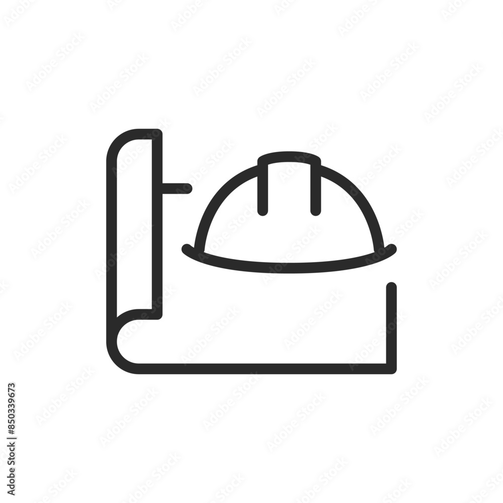 Rolled blueprint with a safety helmet, linear style icon. Blueprint with a safety helmet, construction planning or safety in design. Editable stroke width. Rolled blueprint with a safety helmet, linear style icon. Blueprint with a safety helmet, construction planning or safety in design. Editable stroke width.