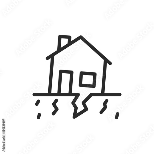 House damaged by earthquake, linear style icon. House with cracks and shifted foundation, earthquake damage. Editable stroke width.