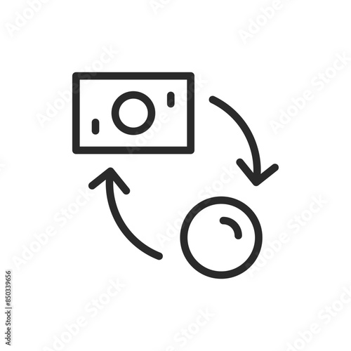 Currency exchange, linear style icon. Symbol of currency exchange, showing money and coins in a circular motion, financial transactions and currency conversion. Editable stroke width