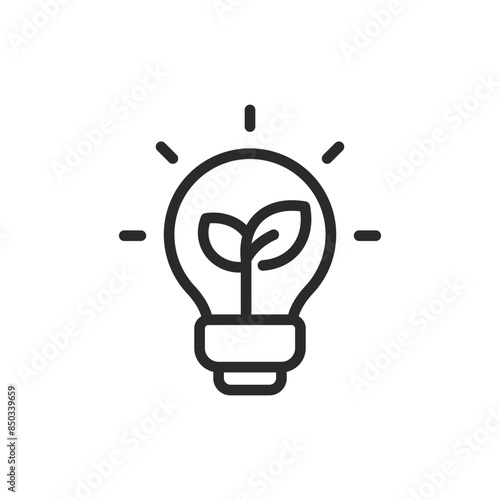 Green energy, linear style icon. Plant in light bulb. Leaves in light bulb. Editable stroke width