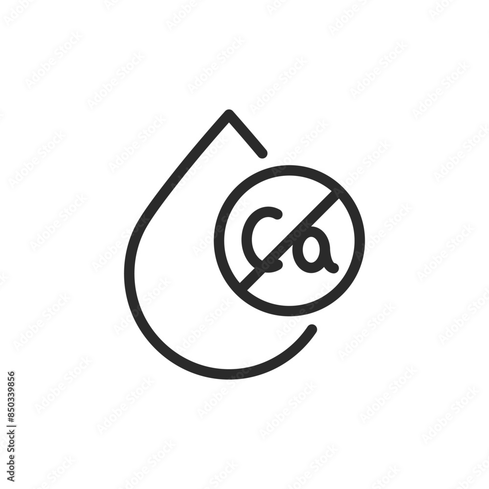 Calcium removal from water, linear style icon. Reducing calcium levels. Droplet and prohibition sign on calcium. Editable stroke width Calcium removal from water, linear style icon. Reducing calcium levels. Droplet and prohibition sign on calcium. Editable stroke width