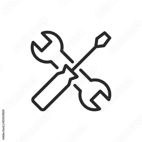 Tools with information symbol, linear style icon. technical support or repair information. Editable stroke width.