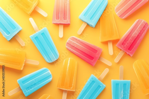 Colorful popsicles arranged on a bright yellow background, showcasing a refreshing summer treat in vibrant blue, pink, and orange hues.