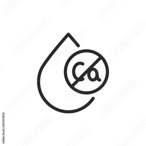 Calcium removal from water, linear style icon. Reducing calcium levels. Droplet and prohibition sign on calcium. Editable stroke width
