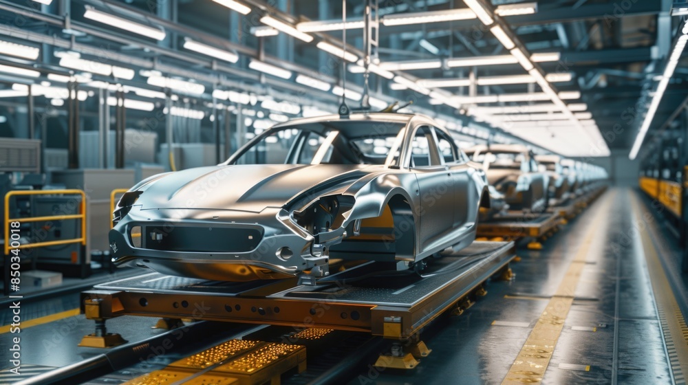 Photo of automobile production line. Welding car body. Modern car assembly plant. Auto industry. High-tech factory Photo of automobile production line. Welding car body. Modern car assembly plant. Auto industry. High-tech factory