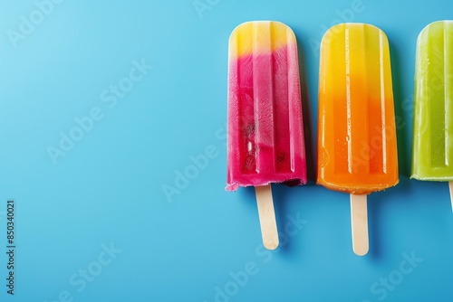Colorful ice pops on a vibrant blue background, perfect for summer themes, advertisements, and refreshing treats in a minimalist style.