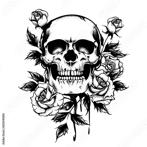 A skull with flowers on it. The skull is black and white
