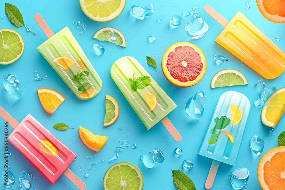 Colorful citrus popsicles with fresh fruit slices on vibrant blue background. Refreshing summer treat with ice and mint leaves. Colorful citrus popsicles with fresh fruit slices on vibrant blue background. Refreshing summer treat with ice and mint leaves.