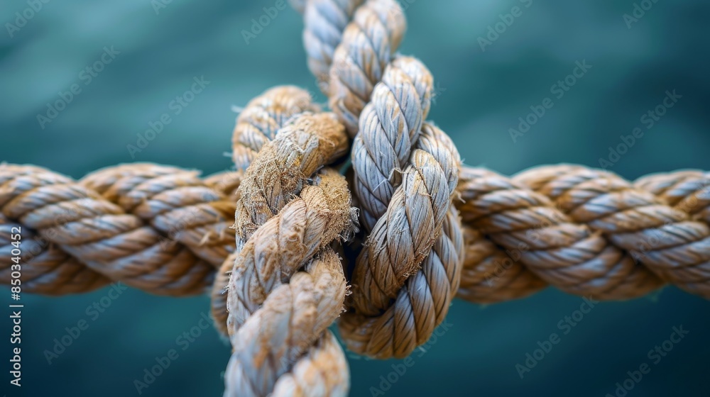 Detailed artistic depiction of multiple ropes interlinked, symbolizing unity and joint effort in a business environment Detailed artistic depiction of multiple ropes interlinked, symbolizing unity and joint effort in a business environment