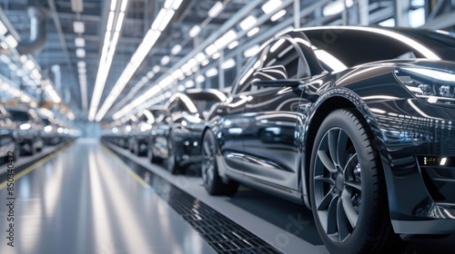 Photo of automobile production line. Welding car body. Modern car assembly plant. Auto industry. High-tech factory