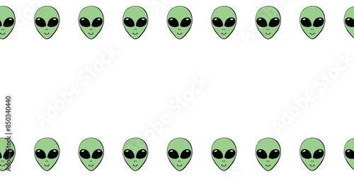 Vector frame from Aliens green heads in doodle flat style. Horizontal top and bottom edging, border, decoration on theme of space, UFO, conspiracy theory, Sci-fi, fantastic
