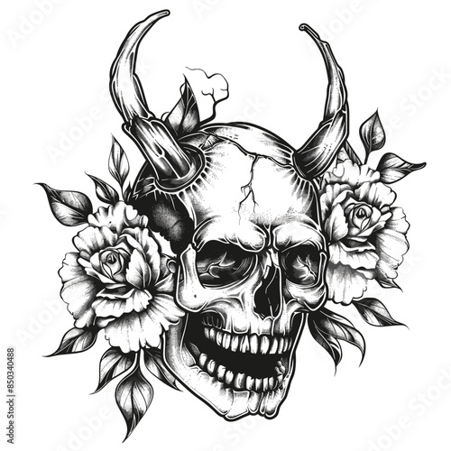 vector illustration of a skull with horns surrounded by flowers on a white background