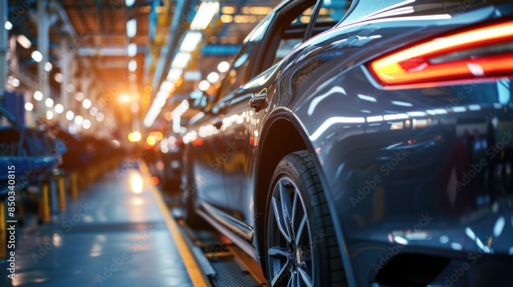 Photo of automobile production line. Welding car body. Modern car assembly plant. Auto industry. High-tech factory Photo of automobile production line. Welding car body. Modern car assembly plant. Auto industry. High-tech factory