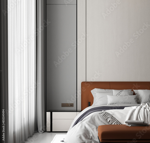 Modern bedroom interior and white pattern wall background. 3d render