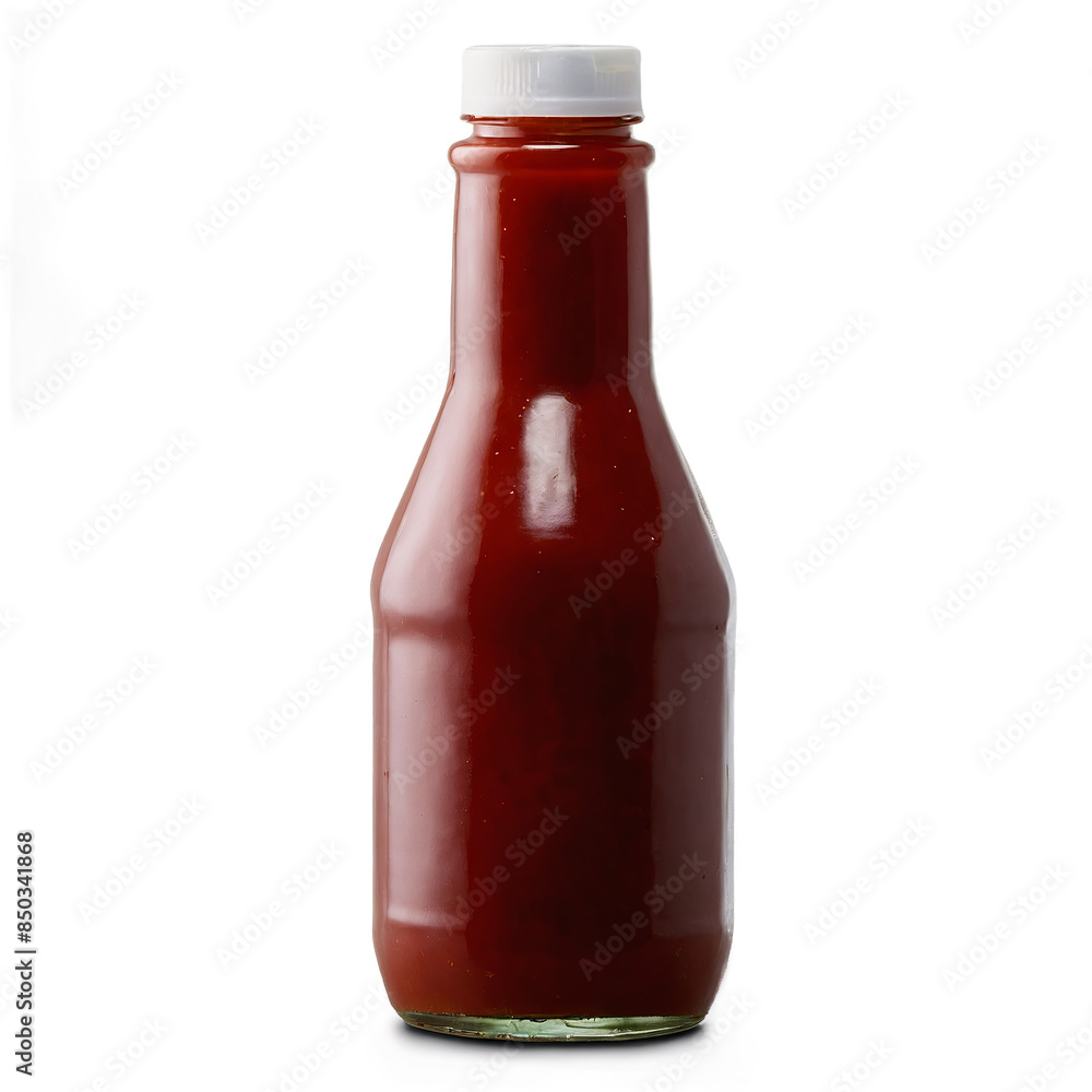 A tall red sauce bottle with a white cap shown on a transparent, white background, png format A tall red sauce bottle with a white cap shown on a transparent, white background, png format