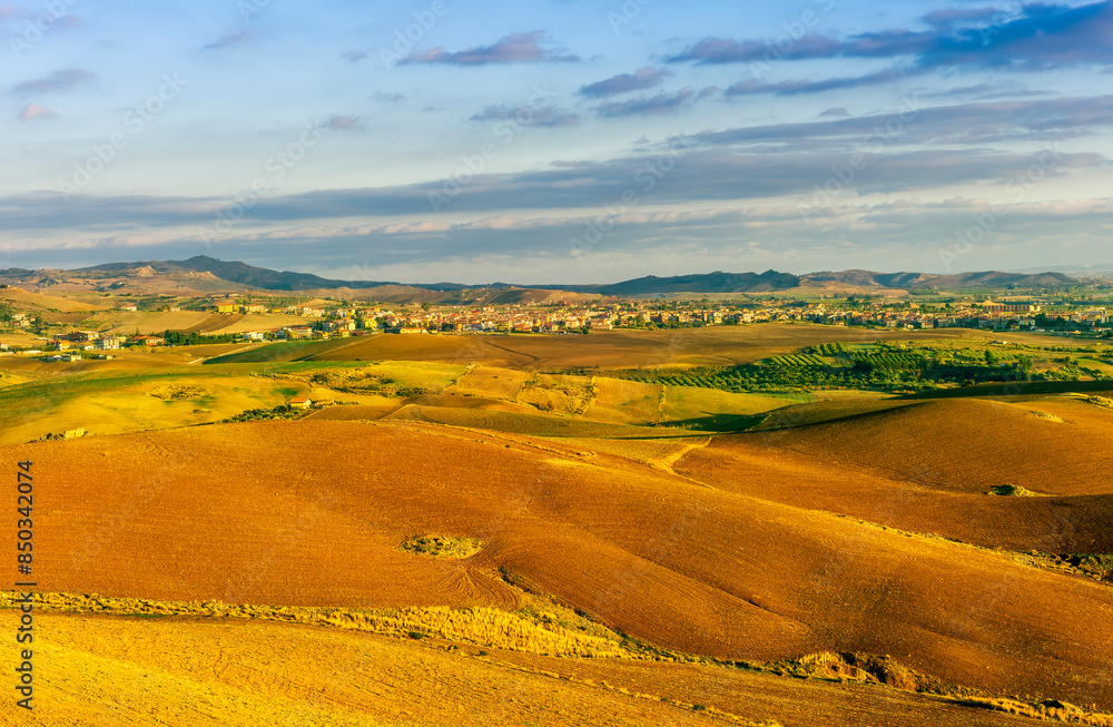 Fototapeta premium beautiful landscape in a yellow golden field in autumn or summer evening with nice rustic view of hills in countryside