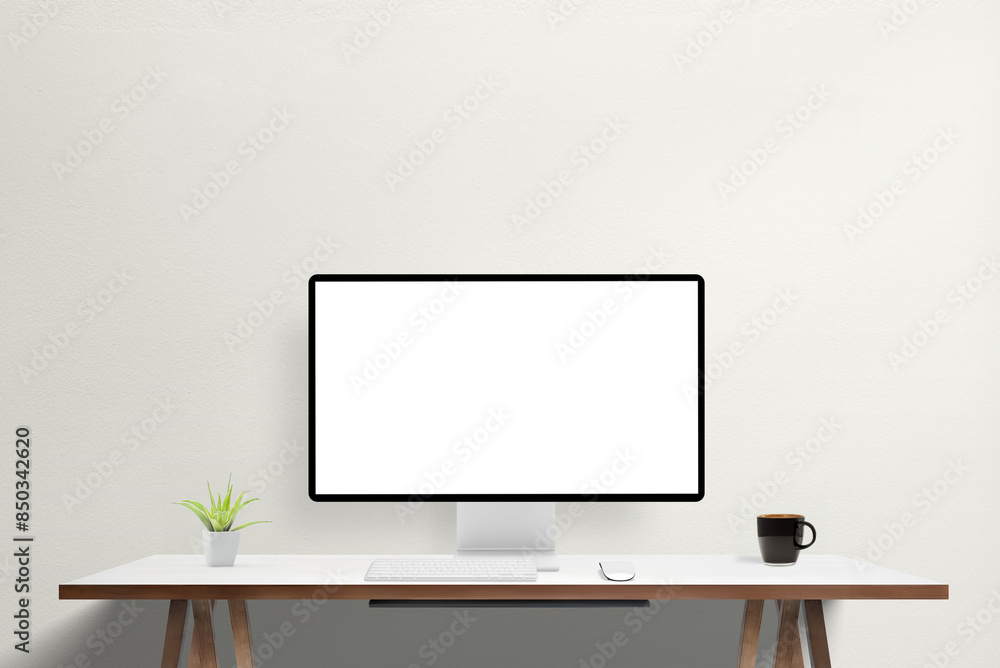 White screen on modern computer display on work desk. Mockup for agency web page or app presentation. Ideal for showcasing digital designs and professional portfolio White screen on modern computer display on work desk. Mockup for agency web page or app presentation. Ideal for showcasing digital designs and professional portfolio