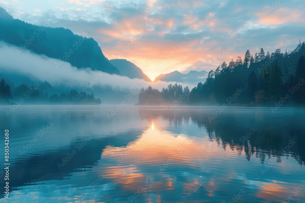 At sunrise, the lake reflects mountains and clouds At sunrise, the lake reflects mountains and clouds