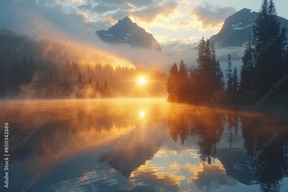 At sunrise, the lake reflects mountains and clouds At sunrise, the lake reflects mountains and clouds
