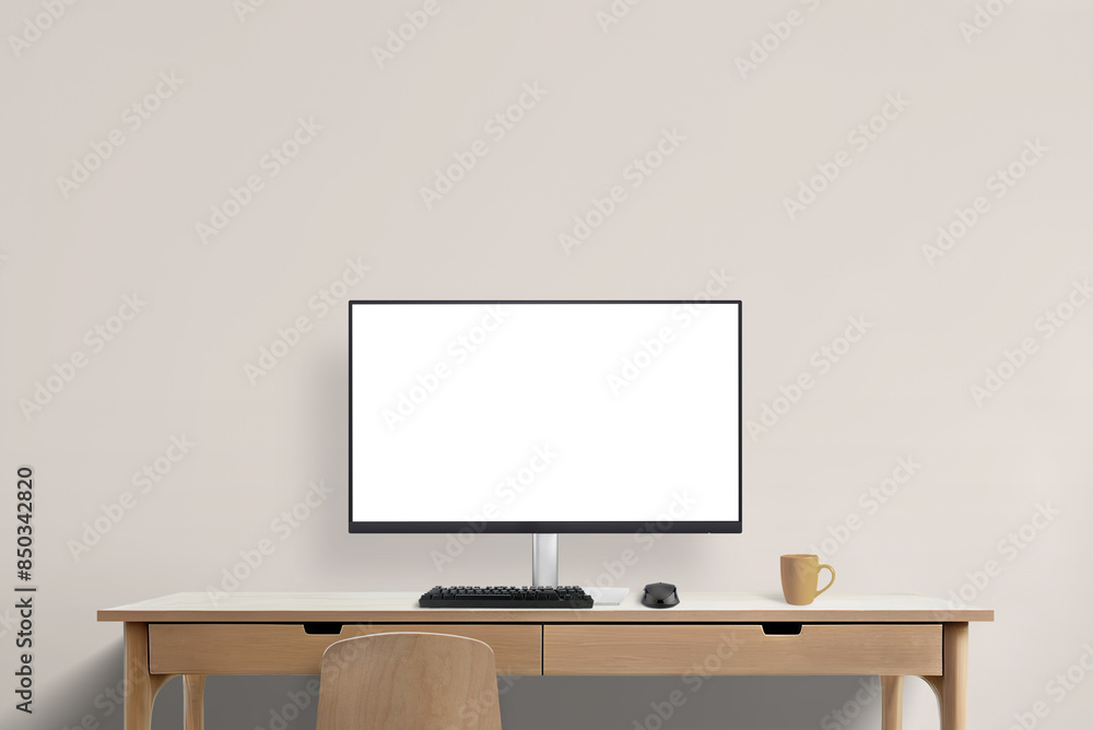 Creative workspace with computer display mockup on work desk. Ideal for showcasing designs and professional presentations in a modern, inspiring environment Creative workspace with computer display mockup on work desk. Ideal for showcasing designs and professional presentations in a modern, inspiring environment