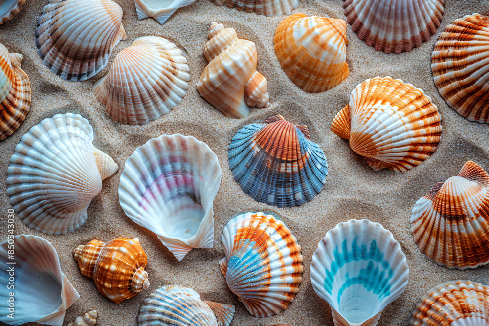 a group of colorful seashells on sand a group of colorful seashells on sand