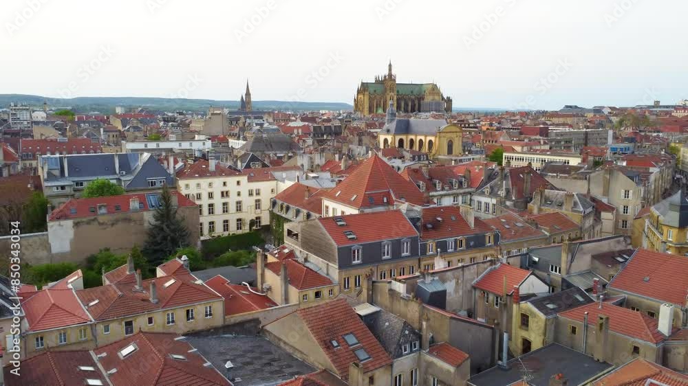 Medieval Townscape With Saint Stephen Catholic Diocese Cathedral In Metz, France. Aerial Drone Shot Medieval Townscape With Saint Stephen Catholic Diocese Cathedral In Metz, France. Aerial Drone Shot