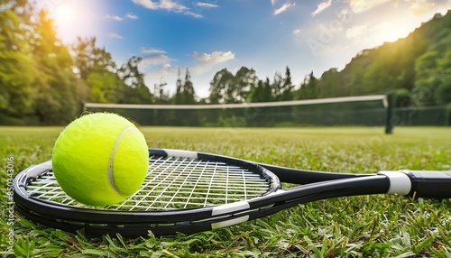 tennis racket and ball on grass © HORA STUDIO