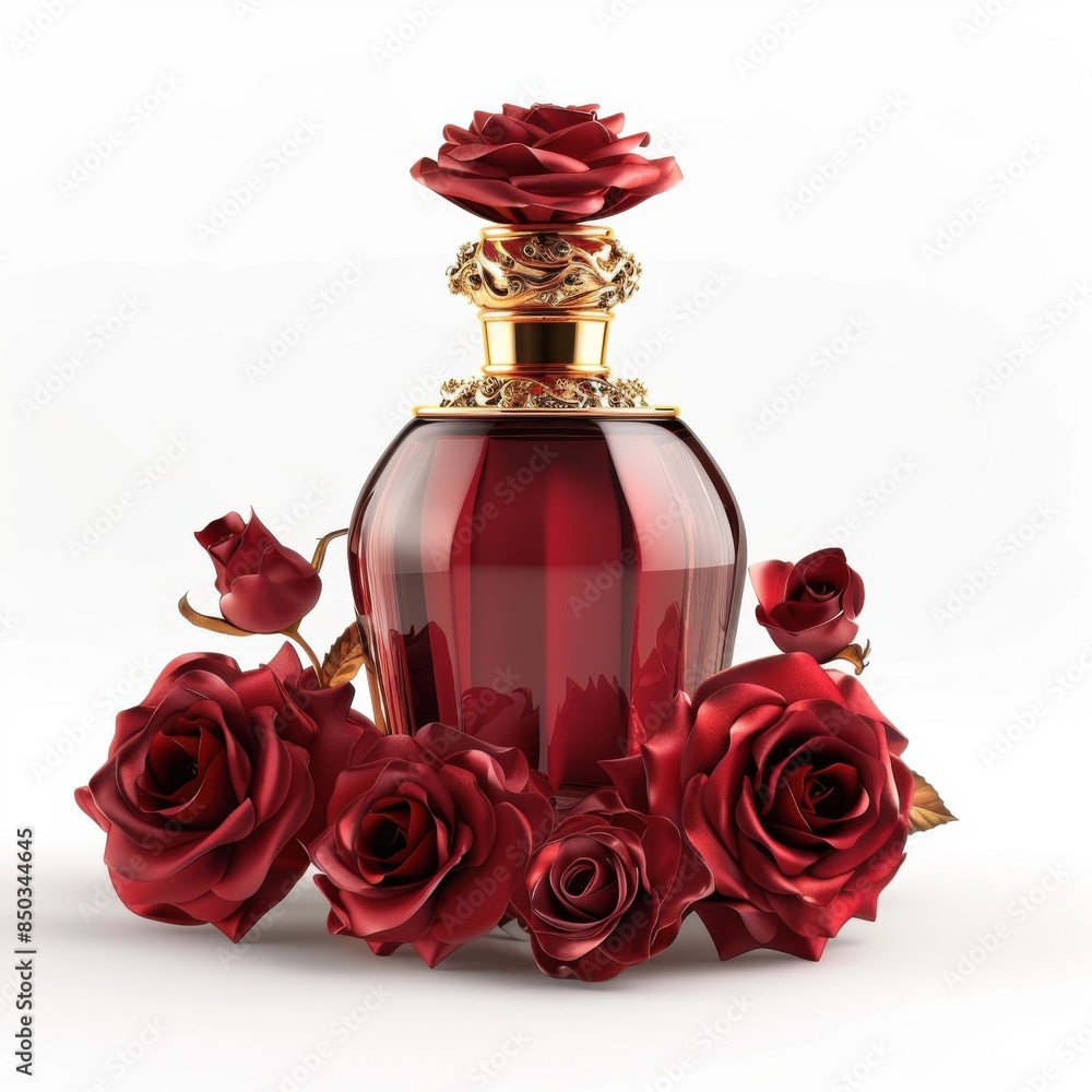 Elegant perfume bottle with golden accents, set amidst red roses, on a white background, ample space for branding and text. Elegant perfume bottle with golden accents, set amidst red roses, on a white background, ample space for branding and text.