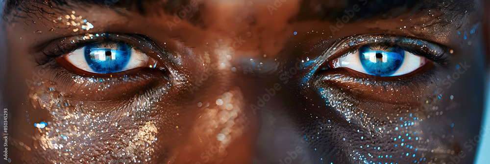 A man with brown skin and blue eyes. The eyes are open and staring at the camera. The man's face is covered in a light dusting of glitter A man with brown skin and blue eyes. The eyes are open and staring at the camera. The man's face is covered in a light dusting of glitter