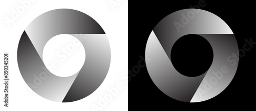 Set of circles with lines with gradient. One spiral on white background and negative spiral on black background. Dynamic design element with 3 parts.