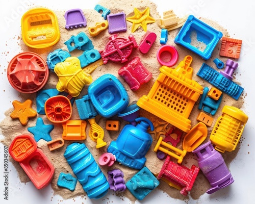 A colorful assortment of various plastic toy molds laid on sand, perfect for beach and sand play activities, captured in vibrant detail.