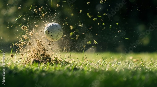 Detailed view of a golf ball being struck off the tee, capturing the moment of impact and the grass flying --ar 16:9 Job ID: eef57fc6-20c4-4bff-83a7-55b3fbd18935