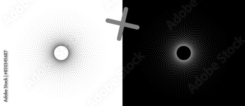 Abstract vector circle with halftone cross as logo or icon. Sun concept. Black shape on a white background and the same white shape on the black side.