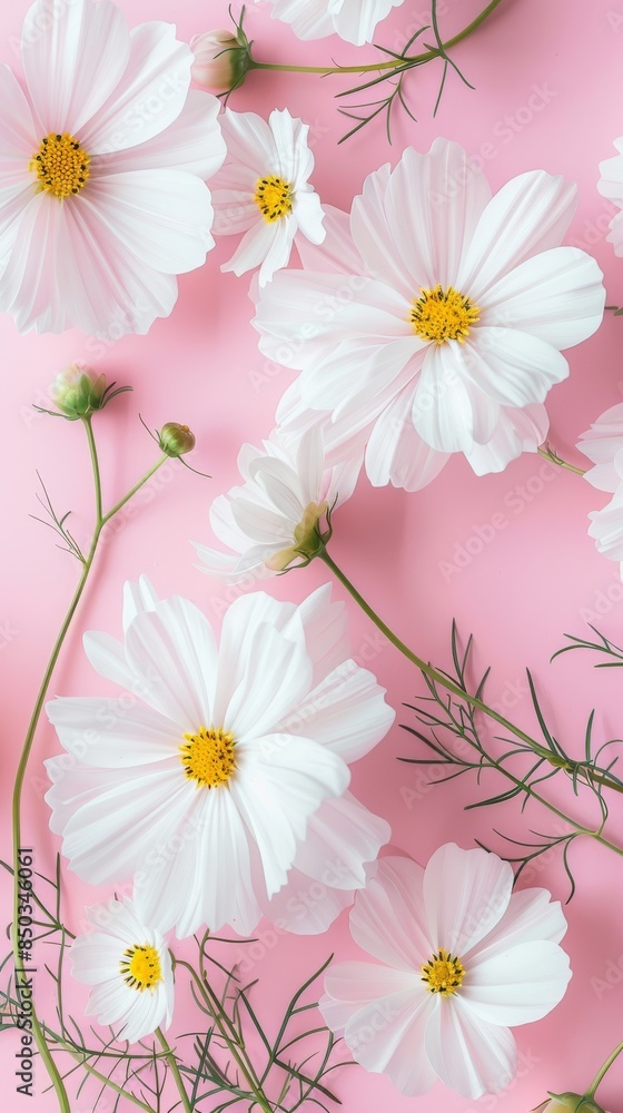 White Cosmos Flowers Arranged on Pink Background White Cosmos Flowers Arranged on Pink Background