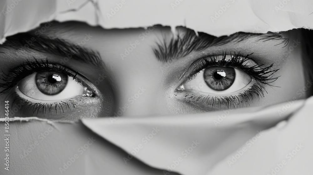 Eyes filled with fear peeking through a torn paper opening, raw emotion, high contrast, suspenseful Eyes filled with fear peeking through a torn paper opening, raw emotion, high contrast, suspenseful