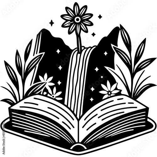 Development of  spilling seeds of flowers growing from a open book in the  dawn mountains waterfall pond