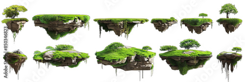 Collection of mossy terrain islands with grass and trees, floating in the air on a white background. Perfect for photo manipulations, matte painting and digital compositing