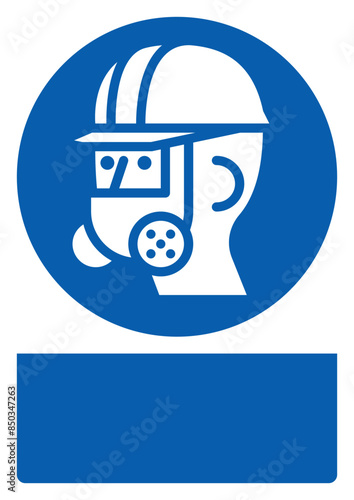 ISO mandatory safety signs wear full face respiratory and head protection your custom message here portrait size a4/a3/a2/a1