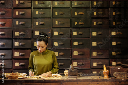 Fotografie Asian young woman writing recipe for treatment while working in traditional Asia