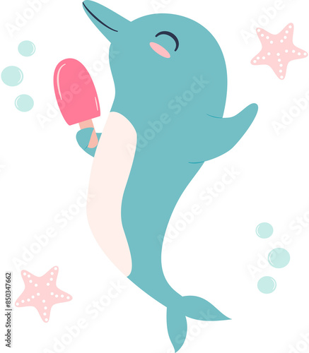 cute hand drawn cartoon character dolphin with ice cream funny summertime png  illustration with bubble and starfish on transparent background