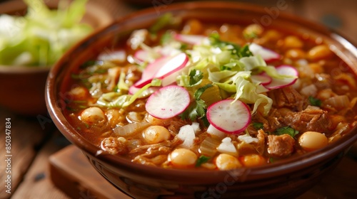 A delicious bowl of pozole, a traditional Mexican soup made with hominy, pork, and vegetables.