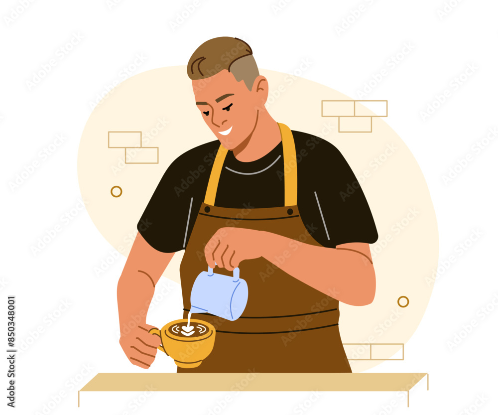 Professional barista standing at the cafe bar pouring milk from pitcher into a cup to prepare cappuccino coffee. Vector illustration. Professional barista standing at the cafe bar pouring milk from pitcher into a cup to prepare cappuccino coffee. Vector illustration.