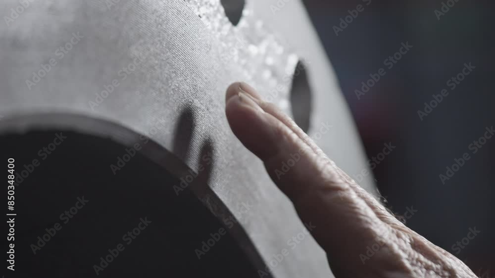Maintenance Engineer inspects industrial valve flange quality by finger touch Maintenance Engineer inspects industrial valve flange quality by finger touch